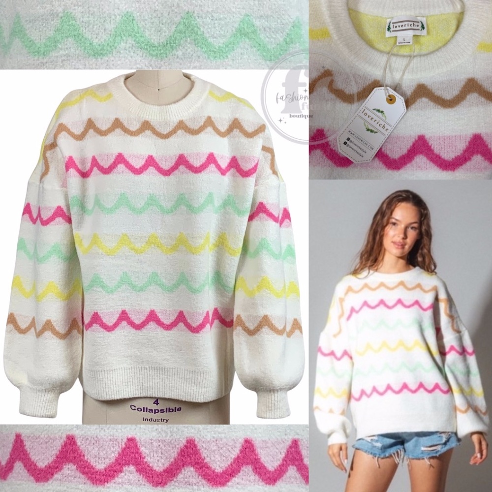 Loveriche Colorful Candy Colored Scalloped Stripe Scallop Statement Sweater